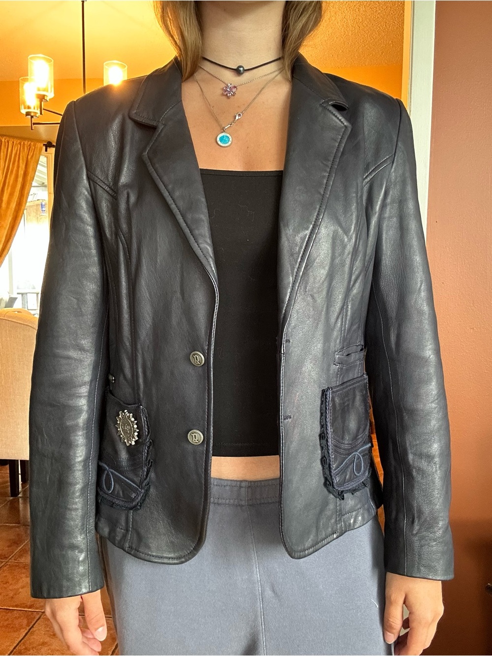 John Galliano Black Leather Blazer with Embellished Patch Pockets